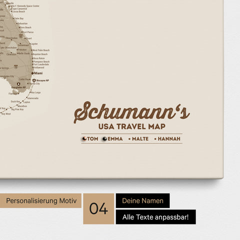 Detailed USA America map as a Push Pin Map in beige with personalization as a logo for the whole family