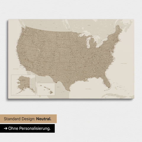 Neutral and simple version of a USA America map as a Push Pin Map in beige