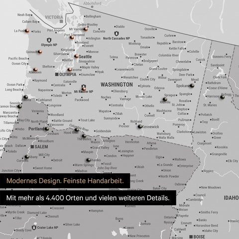 Section of a USA America map as a Push Pin Map in multicolor gray showing travel destinations and highlights in Washington, Oregon, and Idaho