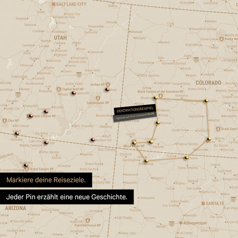 Detailed USA America map as a pin board in Hale Navy (Dark Blue Gold) showing pins on travel destinations in Utah and Colorado