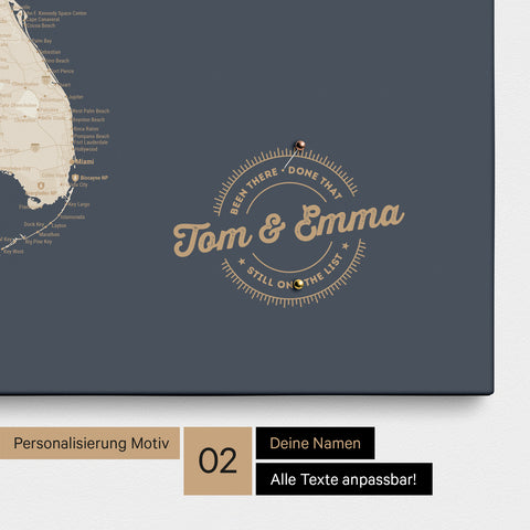 Personalized USA America map as a canvas in Hale Navy (dark blue gold) with printed names and a legend for marking visited places