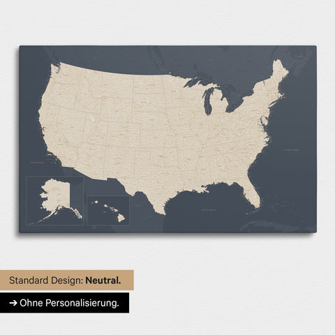 Neutral and simple version of a USA America map as a Push Pin Map in Hale Navy (Dark Blue Gold)