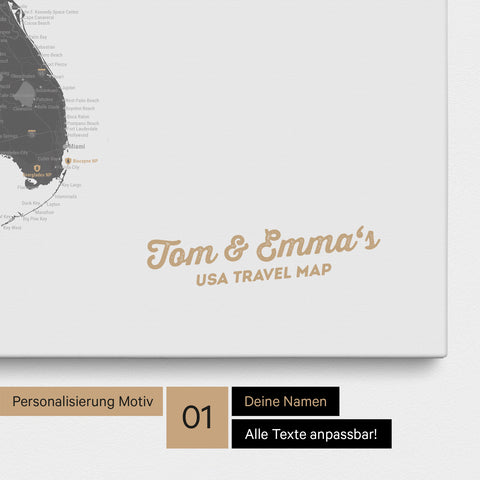 USA Amerika Karte mit hohem Detailgrad als Pinnwand Leinwand in Light Gray mit Personalisierung und Eindruck mit deinem Namen