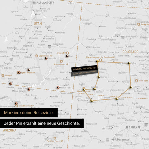 Detailed USA America map as a pin board in black and white showing pins at travel destinations in Utah and Colorado