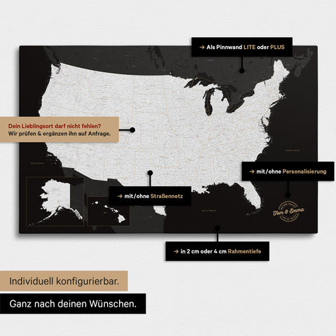 Diverse configuration options for a USA America map as a Push Pin Map in black and white