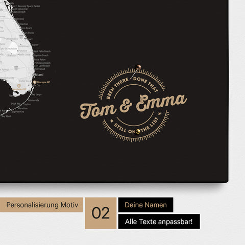 Personalized USA America map as a canvas in black and white with printed names and a legend for marking visited places