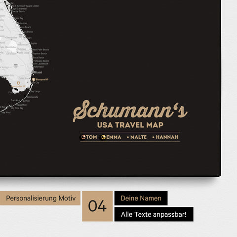 Detailed USA America map as a Push Pin Map in black and white with personalization as a logo for the whole family