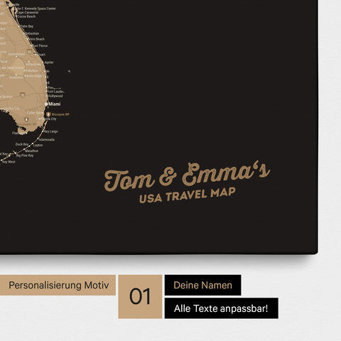 USA Amerika Karte mit hohem Detailgrad als Pinnwand Leinwand in Sonar Black mit Personalisierung und Eindruck mit deinem Namen
