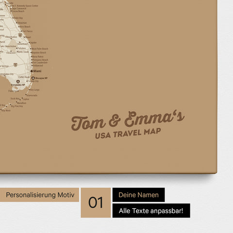 USA Amerika Karte mit hohem Detailgrad als Pinnwand Leinwand in Treasure Gold mit Personalisierung und Eindruck mit deinem Namen