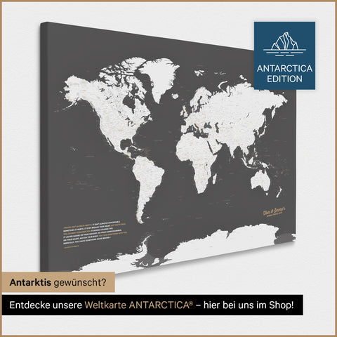 Design Wereldkaart TRAVEL® Canvas Prikbord – Donkergrijs