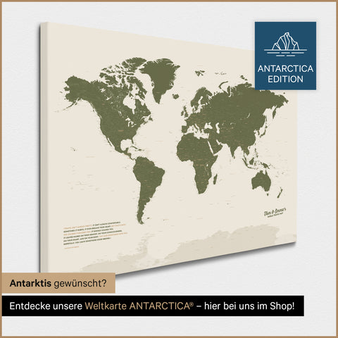 Design Wereldkaart TRAVEL® Canvas Prikbord – Olijfgroen