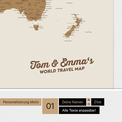 World map with Antarctica as a pinboard canvas in bronze with personalization