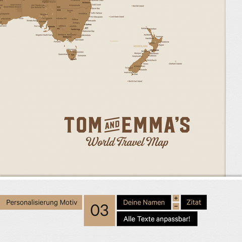 Personalized world map with Antarctica as a Push Pin Map in bronze color with a personalization as a vintage logo