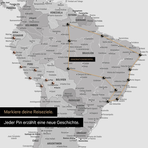 Détail d'une carte du monde en Carte à épingles multicolore gris montrant un extrait de l'Amérique du Sud, où des épingles marquent des destinations visitées et sont reliées par un fil coloré