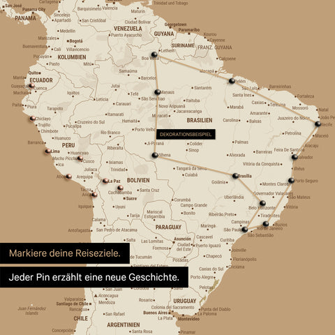 Detail of a world map as a Push Pin Map in Treasure Gold showing a section of South America, where pins mark visited travel destinations connected by a colorful thread