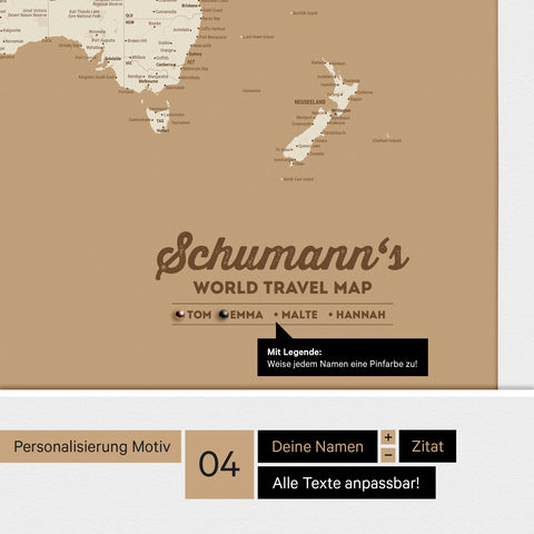 Pinnwand Leinwand einer Antarktis-Weltkarte in Treasure Gold mit personalisiertem Logo als Familiennamen