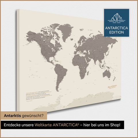 Design Wereldkaart TRAVEL® Canvas Prikbord – Warmgray (Bruin-Grijs)