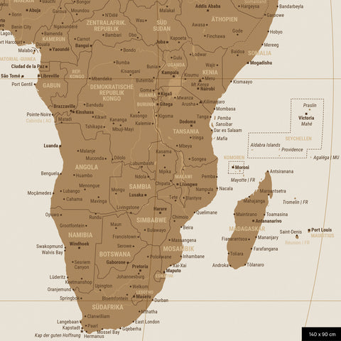 World map in the Equal Earth projection, bronze color, showing part of Africa in its correct relative sizes and proportions