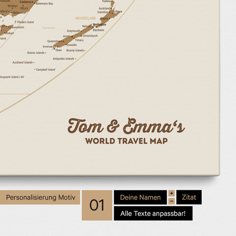 World map in the Equal Earth projection as a bronze canvas Push Pin Map with personalization and an imprint of your names
