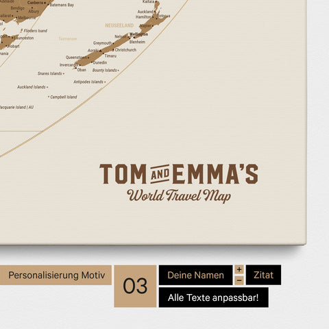 Personalization of a world map in the Equal Earth projection, Push Pin Map in bronze with a vintage-style logo, where the names and the tagline “World Travel Map” can be changed