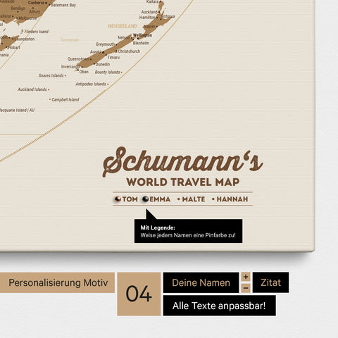 Canvas world map in the Equal Earth projection in bronze, personalized with a logo featuring the family name and legend