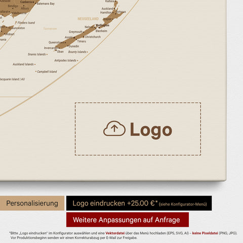 World map in the Equal Earth projection as a bronze Push Pin Map onto which a company logo can be printed