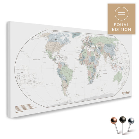 Weltkarte in der Equal-Earth-Projektion und in der Farbe Multicolor Light als hochwertige Pinn-Leinwand, ideal geeignet zum Markieren von Orten und Planen von Reisen