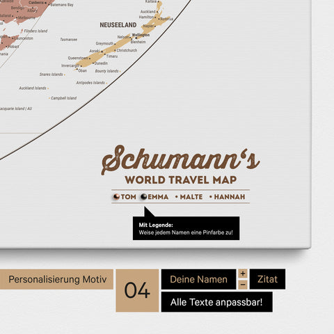 Leinwand einer Weltkarte in der Equal-Earth-Projektion in Multicolor Sienna mit Personalisierung als Logo mit Familiennamen und Legende