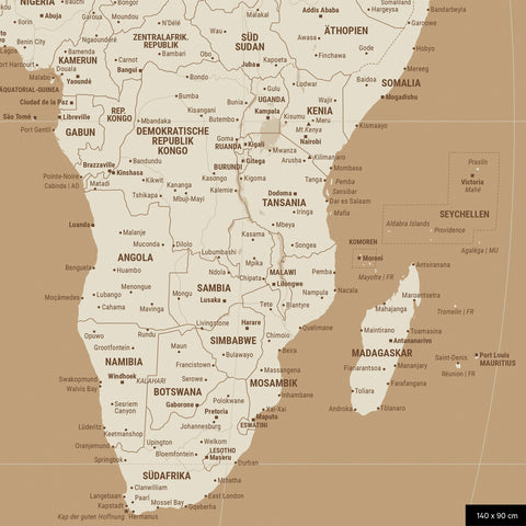 Weltkarte in der Equal-Earth-Projektion, Farbe Treasure Gold, zeigt einen Ausschnitt von Afrika in seinen korrekten Größenverhältnissen und Proportionen