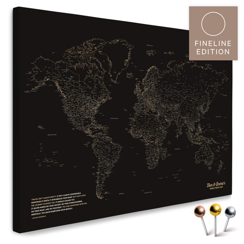 Wereldkaart FINELINE als prikborddoek in Sonar Black met fijn, minimalistisch outline-ontwerp om reizen te markeren en plannen
