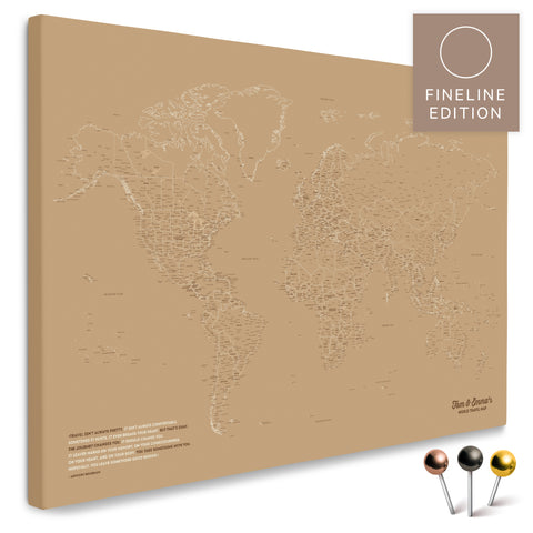 Wereldkaart FINELINE als prikborddoek in Treasure Gold met fijn, minimalistisch outline-ontwerp om reizen te markeren en plannen
