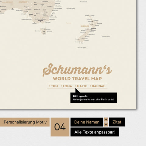 Wereldkaart in goudkleur met personalisatie als familie-logo