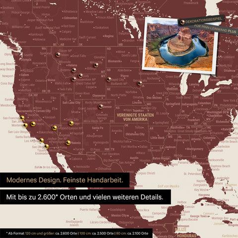 Gedetailleerde wereldkaart als prikbord in bordeauxrood voor het markeren van tot wel 2.600 reisbestemmingen in de VS, Canada en Mexico, ideaal voor het visueel weergeven van eerdere reizen en toekomstige reisplannen