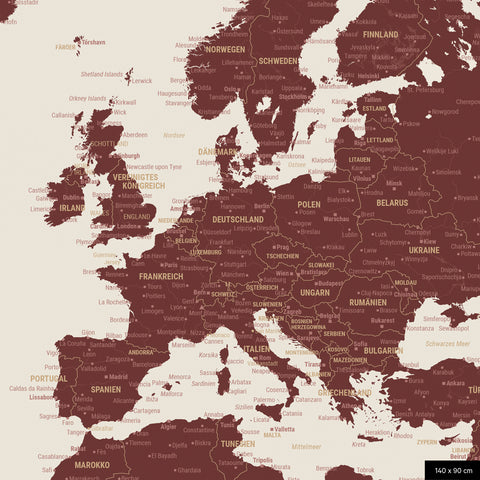 Een gedetailleerde uitsnede van een wereldkaart-prikbord in de kleur bordeauxrood toont een uitsnede van Europa met alle landen en hoofdsteden.