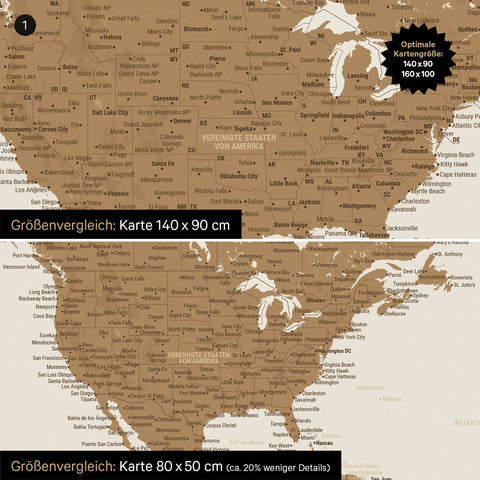 Größenvergleich einer Weltkarte Leinwand in den Formaten 140 x 90 cm und 80 x 50 cm