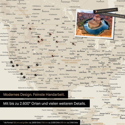 Gedetailleerde wereldkaart als prikbord in goud voor het markeren van tot wel 2.600 reisbestemmingen in de VS, Canada en Mexico, ideaal voor het visueel weergeven van eerdere reizen en toekomstige reisplannen