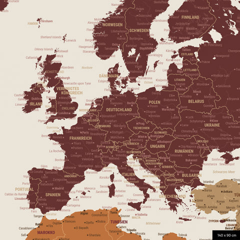 Een gedetailleerde uitsnede van een wereldkaart-prikbord in de kleur Multicolor Vivid toont een uitsnede van Europa met alle landen en hoofdsteden.