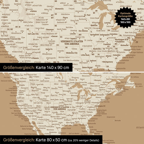Größenvergleich einer Weltkarte Leinwand in den Formaten 140 x 90 cm und 80 x 50 cm
