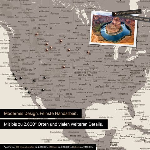 Gedetailleerde wereldkaart als prikbord in Warmgray (bruin-grijs) voor het markeren van tot wel 2.600 reisbestemmingen in de VS, Canada en Mexico, ideaal voor het visueel weergeven van eerdere reizen en toekomstige reisplannen