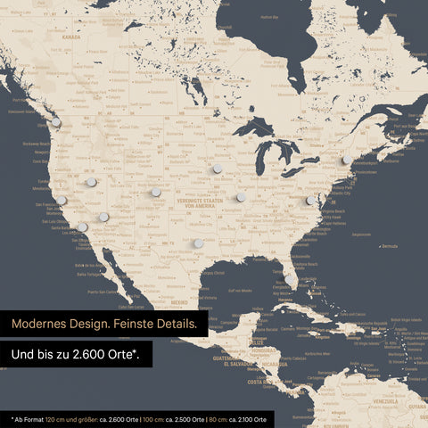 Pinning travel destinations on a magnetic world map as a magnet poster in Hale Navy (dark blue-gold)