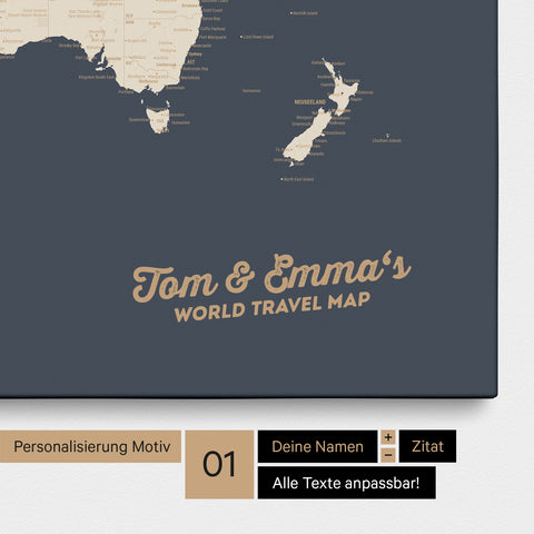 Weltkarte als Pinnwand Leinwand in Hale Navy (Dunkelblau Gold) mit Personalisierung und Eindruck von deinen Namen