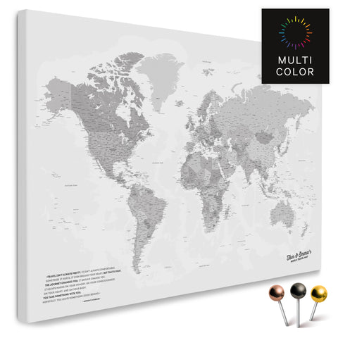 Hoogwaardige wereldkaart in multicolor grijs als prikbord, perfect om reizen te markeren en plannen, kopen