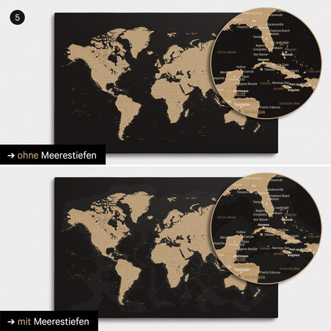 Design Wereldkaart TRAVEL® Canvas Prikbord – Sonar Zwart (Zwart-Goud)