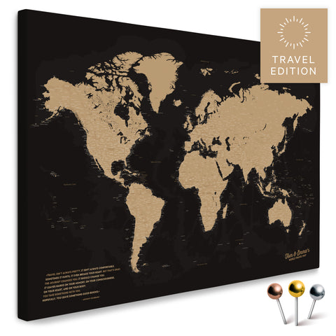 Hoogwaardige wereldkaart in Sonar Black (zwart-goud) als prikbord, perfect om reizen te markeren en plannen, kopen
