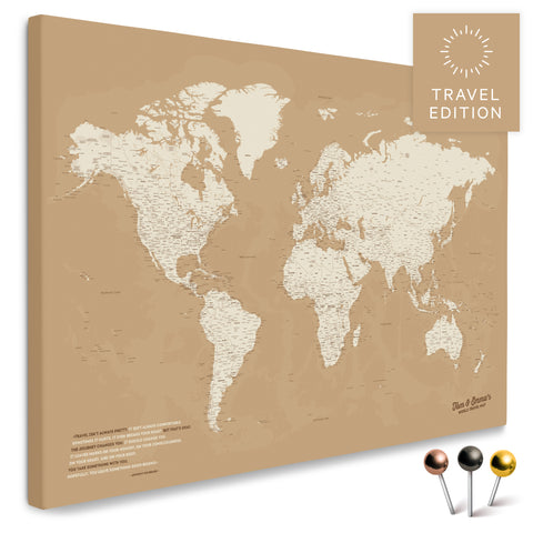 Hoogwaardige wereldkaart in Treasure Gold als prikbord, perfect om reizen te markeren en plannen, kopen