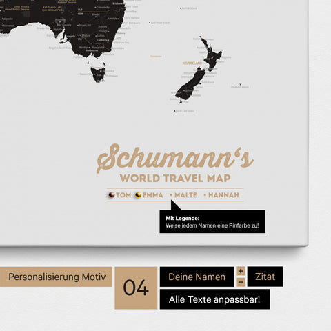Pinnwand Leinwand einer Weltkarte in Light Black (Weiß Schwarz) mit Personalisierung als Logo mit Familiennamen und Legende