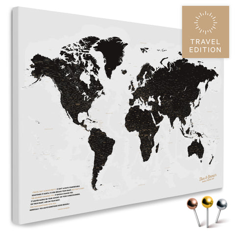 Hoogwaardige wereldkaart in Light Black (Wit Zwart) als prikbord, perfect om reizen te markeren en plannen, kopen