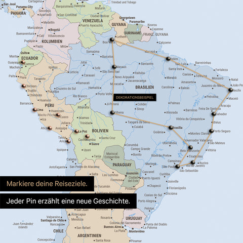 Detail van een politieke wereldkaart als Canvas Prikbord in multicolor atlas met pins die een uitgestippelde reisroute in Zuid-Amerika door de landen Brazilië, Peru en Ecuador toont