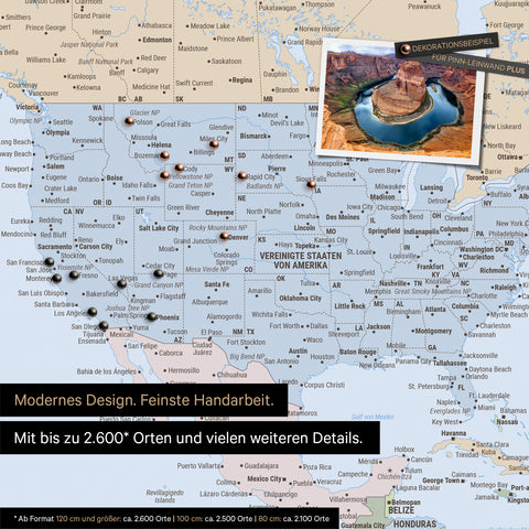 Gedetailleerde politieke wereldkaart als prikbord in multicolor atlas voor het markeren van tot wel 2.600 reisbestemmingen in de VS, Canada en Mexico, ideaal voor de visuele weergave van eerdere reizen en toekomstige reisplannen