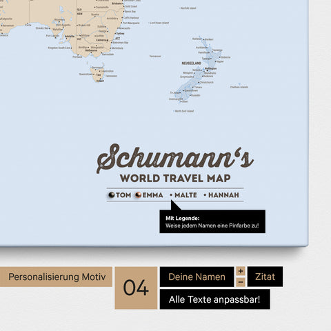 Pinnwand Leinwand einer politischen Weltkarte in Multicolor Atlas mit Personalisierung als Logo mit Familiennamen und Legende